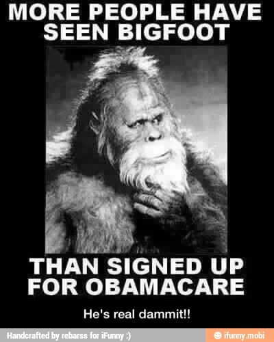MORE PEOPLE HAVE
SEEN BIGFOOT
I
0
Ê
THAN SIGNED UP
FOR OBAMACARE
He's real dammit!! - He's real dammit!!