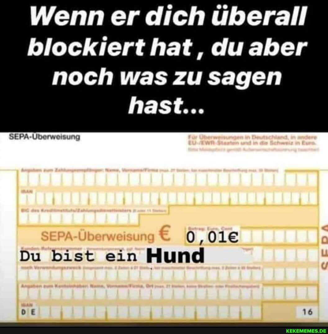 Wenn er dich überall blockiert hat, du aber
noch was zu sagen
hast...
Du bist ein Hund