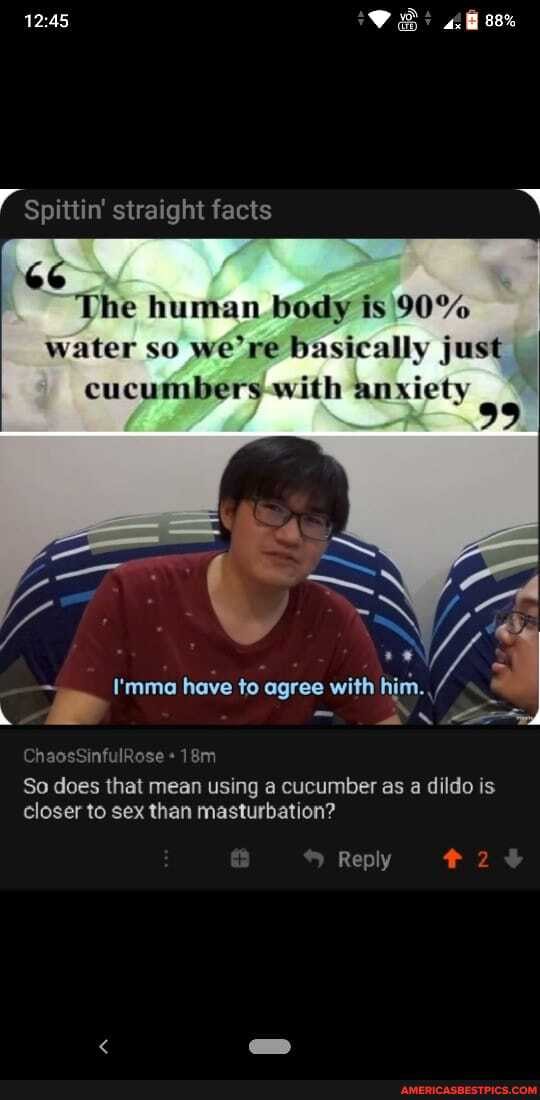 88%
Spittin' straight facts
The human_body is \90% water so we're basically just cucumbers-with anxiety
I'mma have to agree with him.
ChaosSinfulRose
So does that mean using a cucumber as a dildo is closer to sex than masturbation?
Reply 2