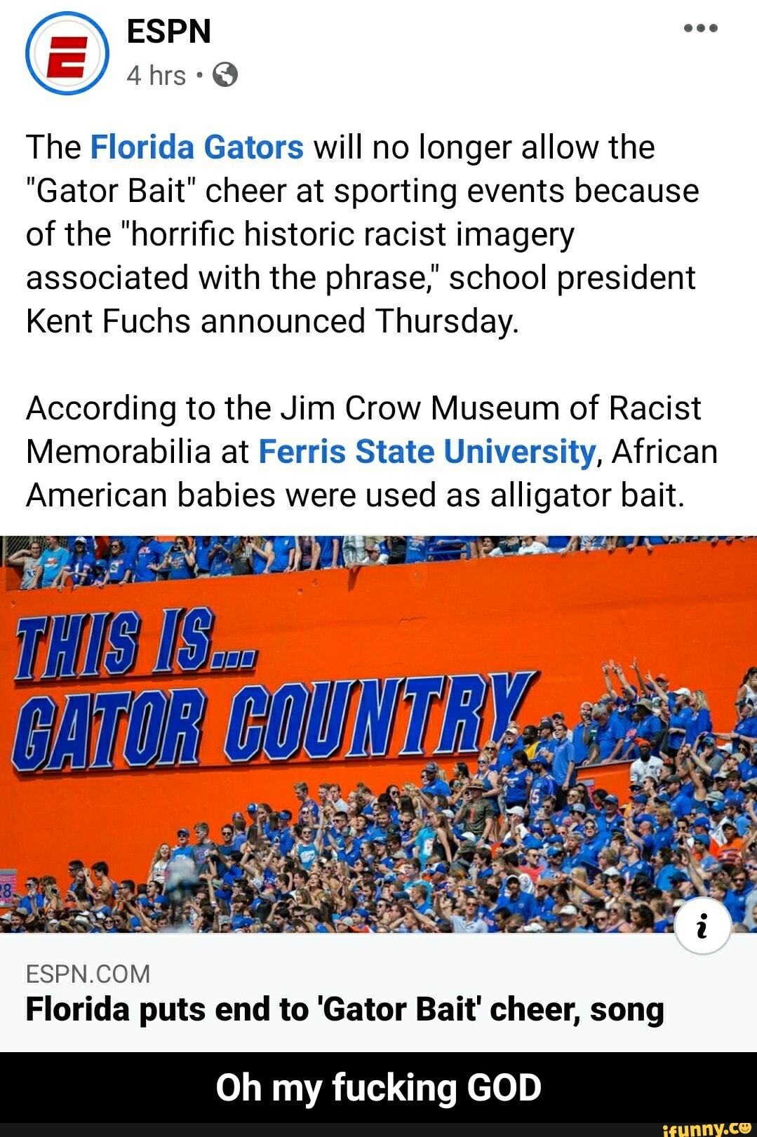 The Florida Gators will no longer allow the
"Gator Bait" cheer at sporting events because
of the "horrific historic racist imagery
associated with the phrase, school president
Kent Fuchs announced Thursday.
According to the Jim Crow Museum of Racist
Memorabilia at Ferris State University, African
American babies were used as alligator bait.
ESPN.COM
Florida puts end 'Gator Bait' cheer, song
Oh my fucking GOD - Oh my fucking GOD