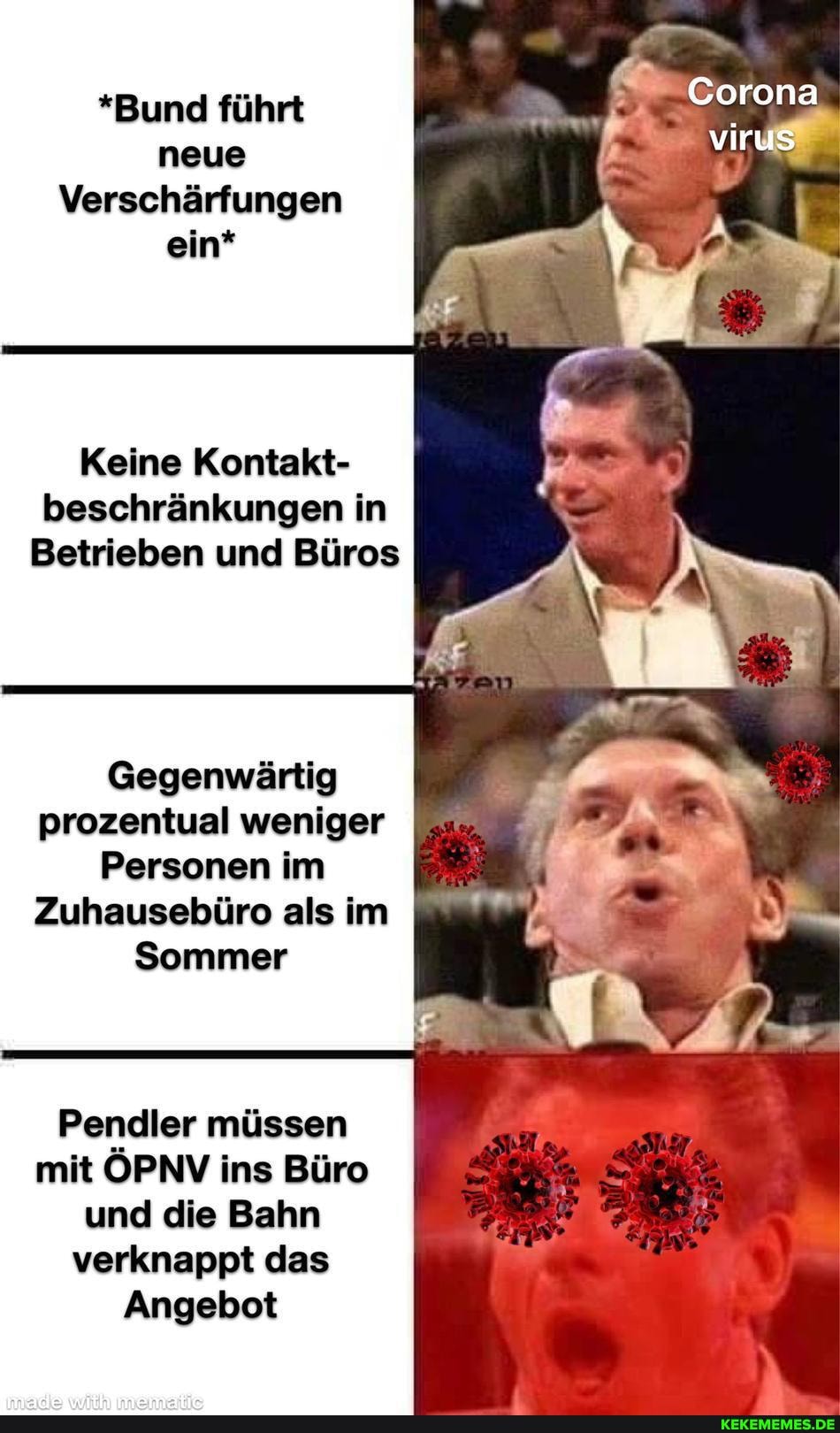 Corona
virus
*Bund führt neue
Verschärfungen ein*
Keine Kontakt- beschränkungen in
Betrieben und Büros
Gegenwärtig prozentual weniger
Personen im
Zuhausebüro als im
Sommer
Pendler müssen
mit ÖPNV ins Büro und die Bahn
verknappt das
Angebot