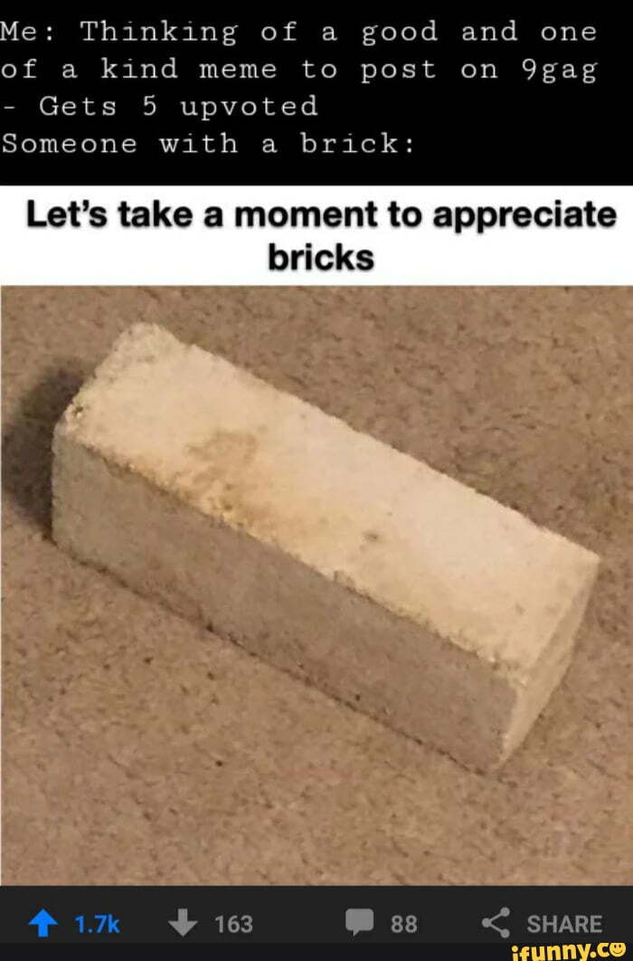 Me Thinking Of A Good And One Of A Kind Meme To Post On 9gag Gets 5 Upvoted Someone With A Brick Let S Take A Moment To Appreciate Bricks 163 Ss Share Ifunny