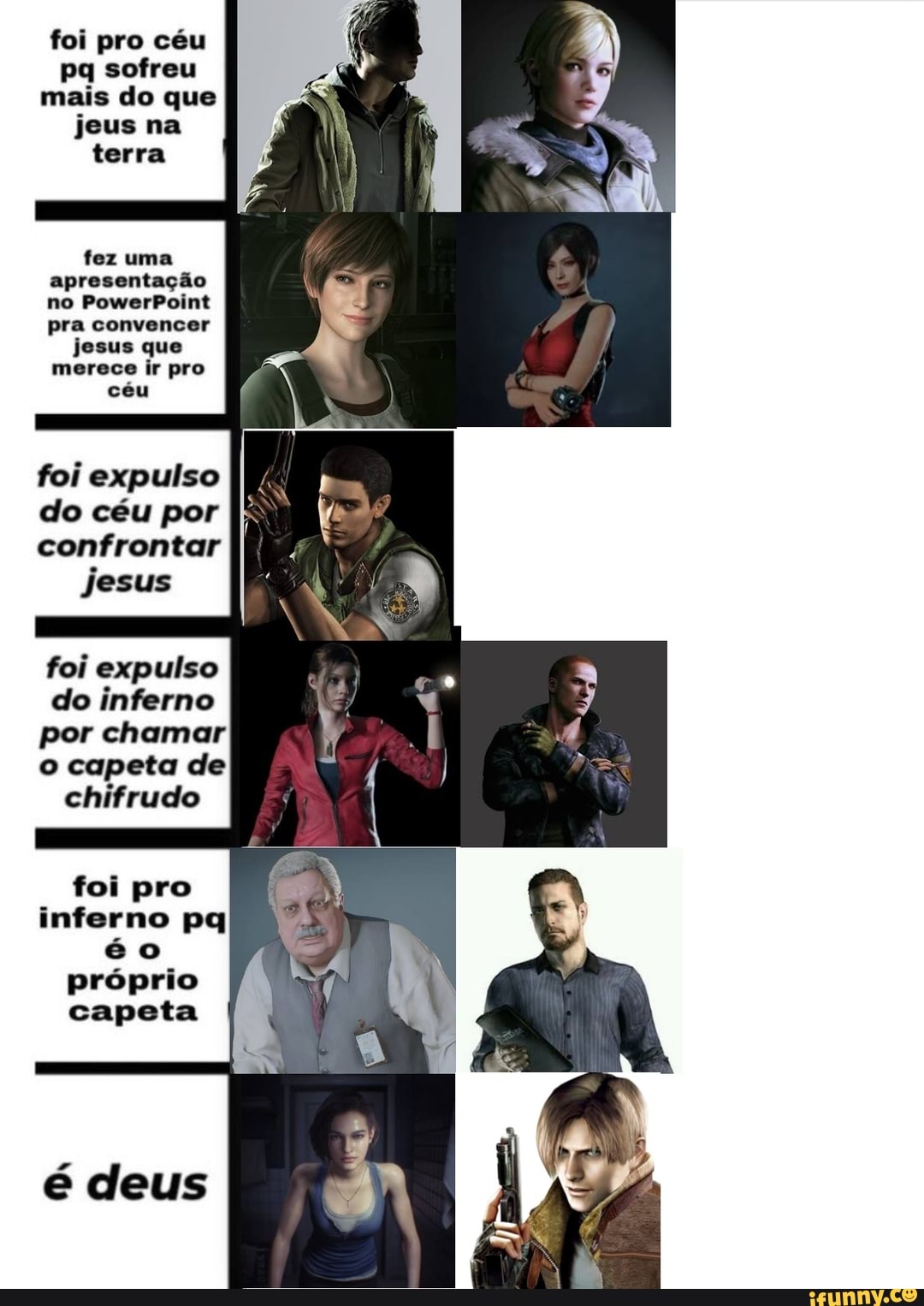 foi pro céu pq sofreu
mais do que
jeus na
terra
fez uma apresentação no PowerPoint pra convencer jesus que merece ir pro céu
foi expulso do céu por confrontar
fesus
foi expulso do inferno
chifrudo
foi pro inferno pq éo próprio capeta