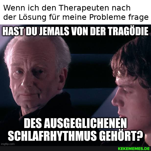 Wenn ich den Therapeuten nach der Lösung für meine Probleme frage
HAST DU JEMALS VON DER TRAGÖDIE
DES AUSGEGLICHENEN SCHLAFRHYTHMUS GEHÖRT: