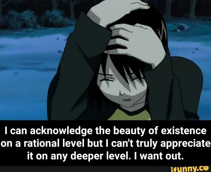 can acknowledge the beauty of existence on a rational level but I can't truly appreciate it on any deeper level. I want out. - I can acknowledge the beauty of existence on a rational level but I can't truly appreciate it on any deeper level. I want out.