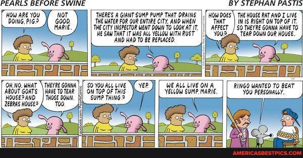 PEARLS BEFORE SWINE
How aRe You
DOWG, FIG2
THERES GIANT SUMP PUMP.
THE WATER FOR QUR ENTIRE CITY. AND WHEW.
THECITY HE SAN INSPECTOR THAT IT WENT To WITH RUST AT IT
HE SAN THAT AND IT WAS ALL BE YELLOH WITH REPLACED, RUST AND HAD To BE REPLACED,
BY STEPHAN PASTIS
'HOW DOES') THE HOUSE RAT AND T -LIVE
THAT DRAINS I
OW TOP OF THIS
$0 YOU ALL LIVE SUMP THING
RINGO WANTED TO BEAT YOU PERSONALLY.
WE ALL LIVE ON A
'YELLOW SUMP. MARIE.
