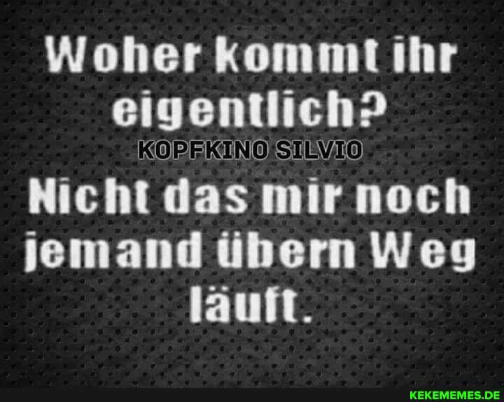 Woher kommt ihr eigentlich?
KOPFEKTINOISTEVIO Nicht das mir noch jemand übern Weg
läuft.