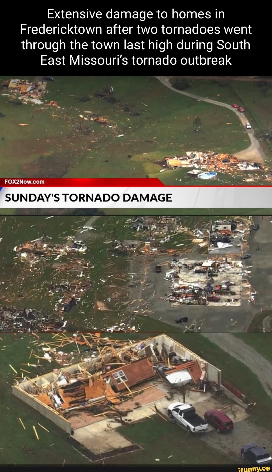 Extensive damage to homes in Fredericktown after two tornadoes went