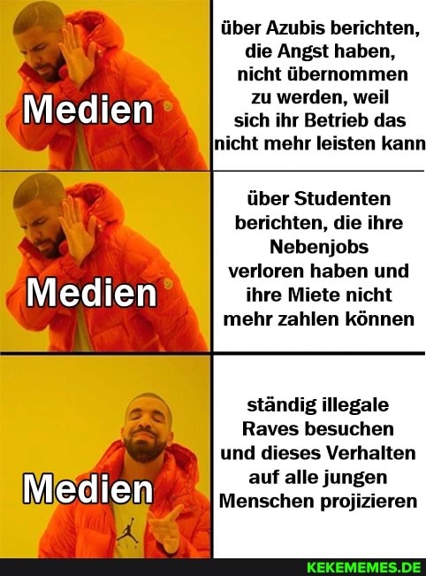 Medien
Medien
über Azubis berichten, die Angst haben, nicht übernommen zu werden, weil sich ihr Betrieb das nicht mehr leisten kann
über Studenten berichten, die ihre
Nebenjobs verloren haben und ihre Miete nicht mehr zahlen können
ständig illegale
Raves besuchen und dieses Verhalten
auf alle jungen
Menschen projizieren