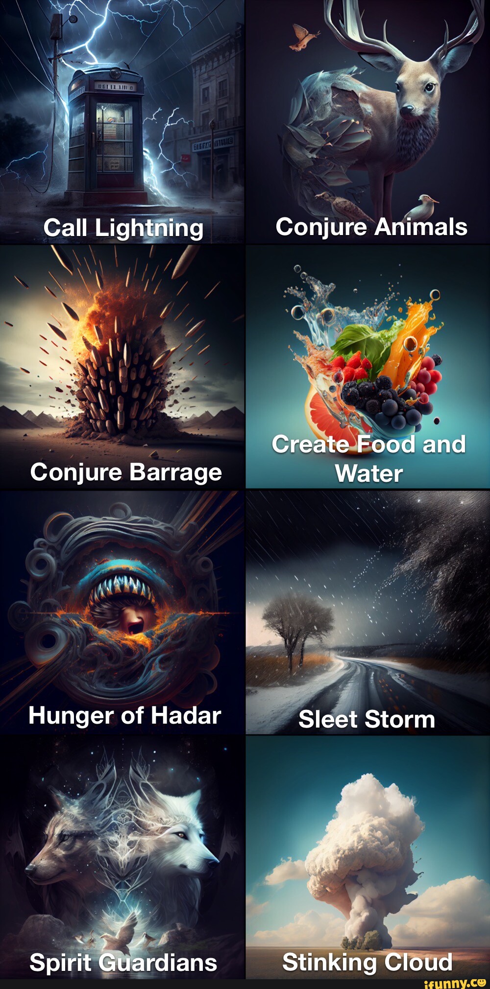 Call Lightning Conjure Barrage Hunger of Hadar Spirit Guardians Conjure  Animals Create Food and Water Sleet Storm Stinking Cloud - iFunny