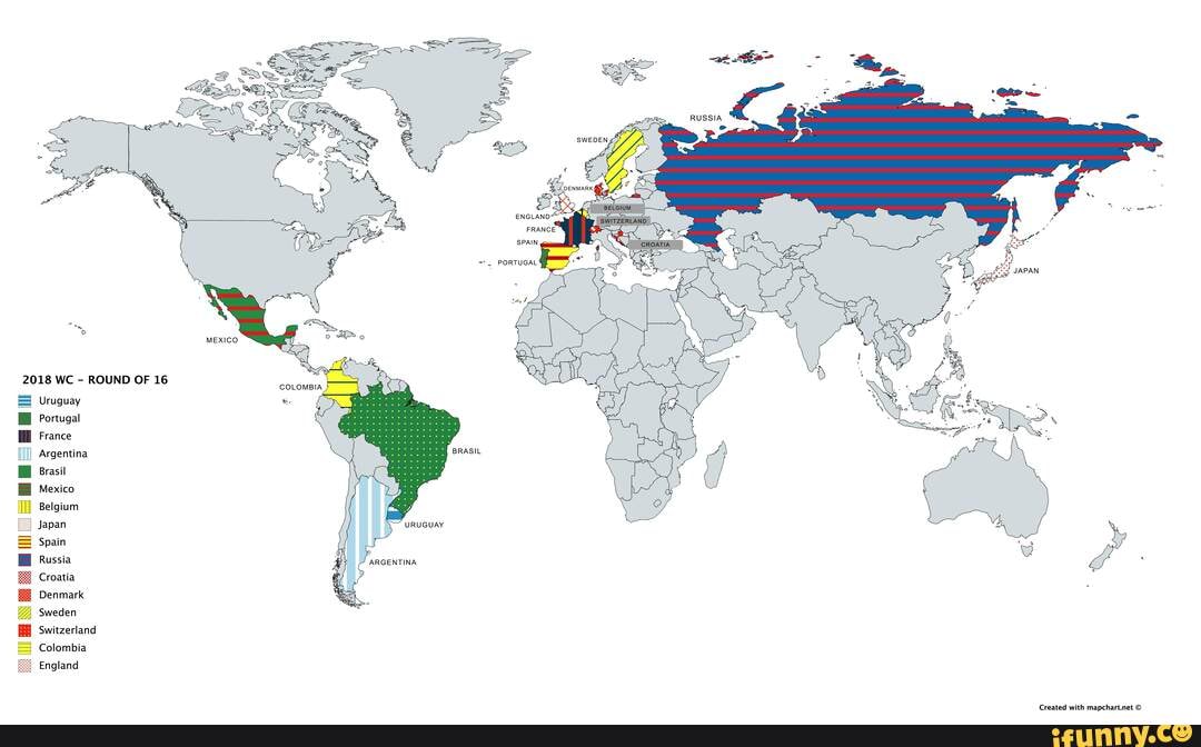 2018 World Cup Map showing all Round of 16 teams and their geographic ...