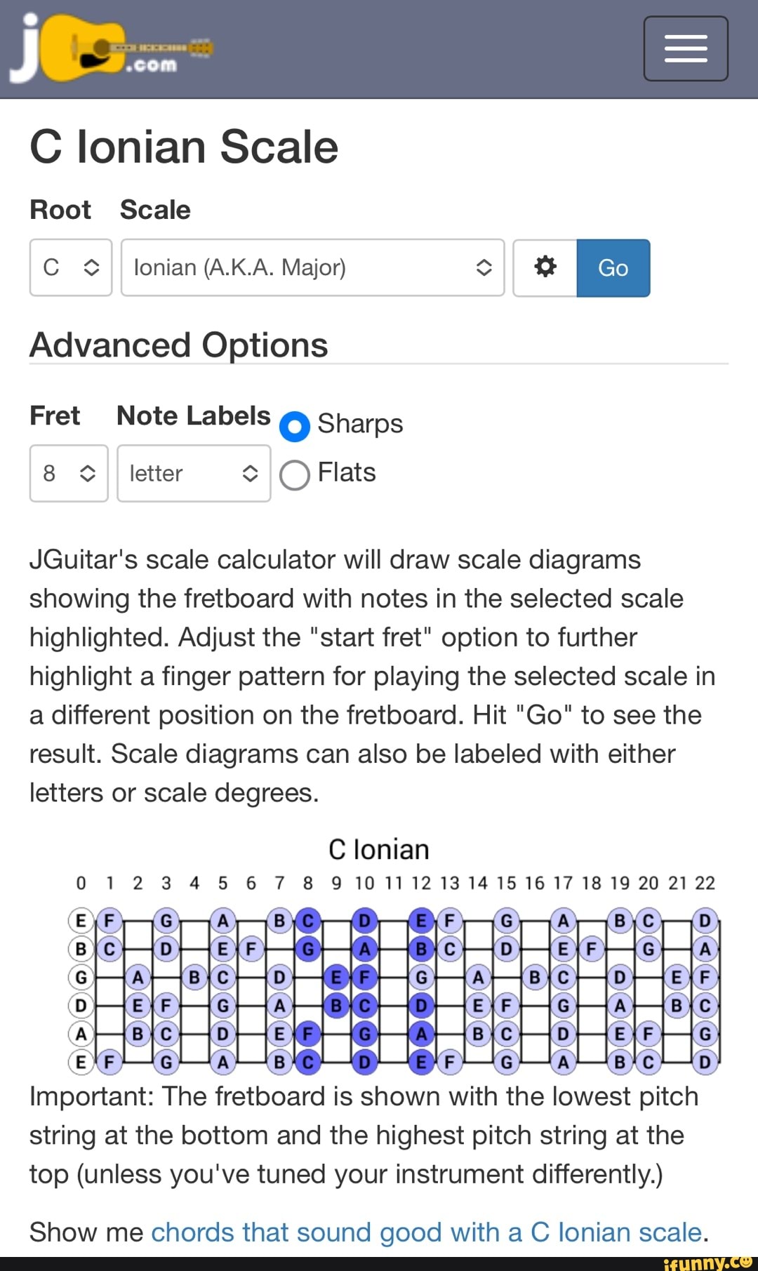 C lonian Scale Root Scale C lonian (A.K.A. Major) I Go Advanced Options