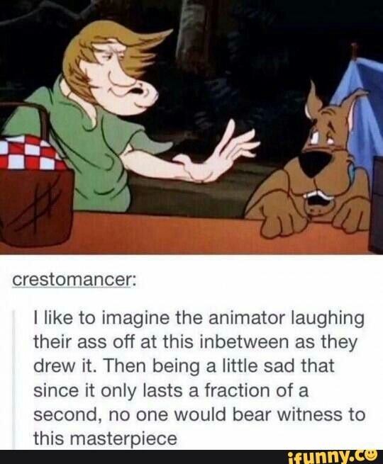 crestomancer:
I like to imagine the animator laughing their ass off at this inbetween as they drew it. Then being a little sad that since it only lasts a fraction of a second, no one would bear witness to this masterpiece