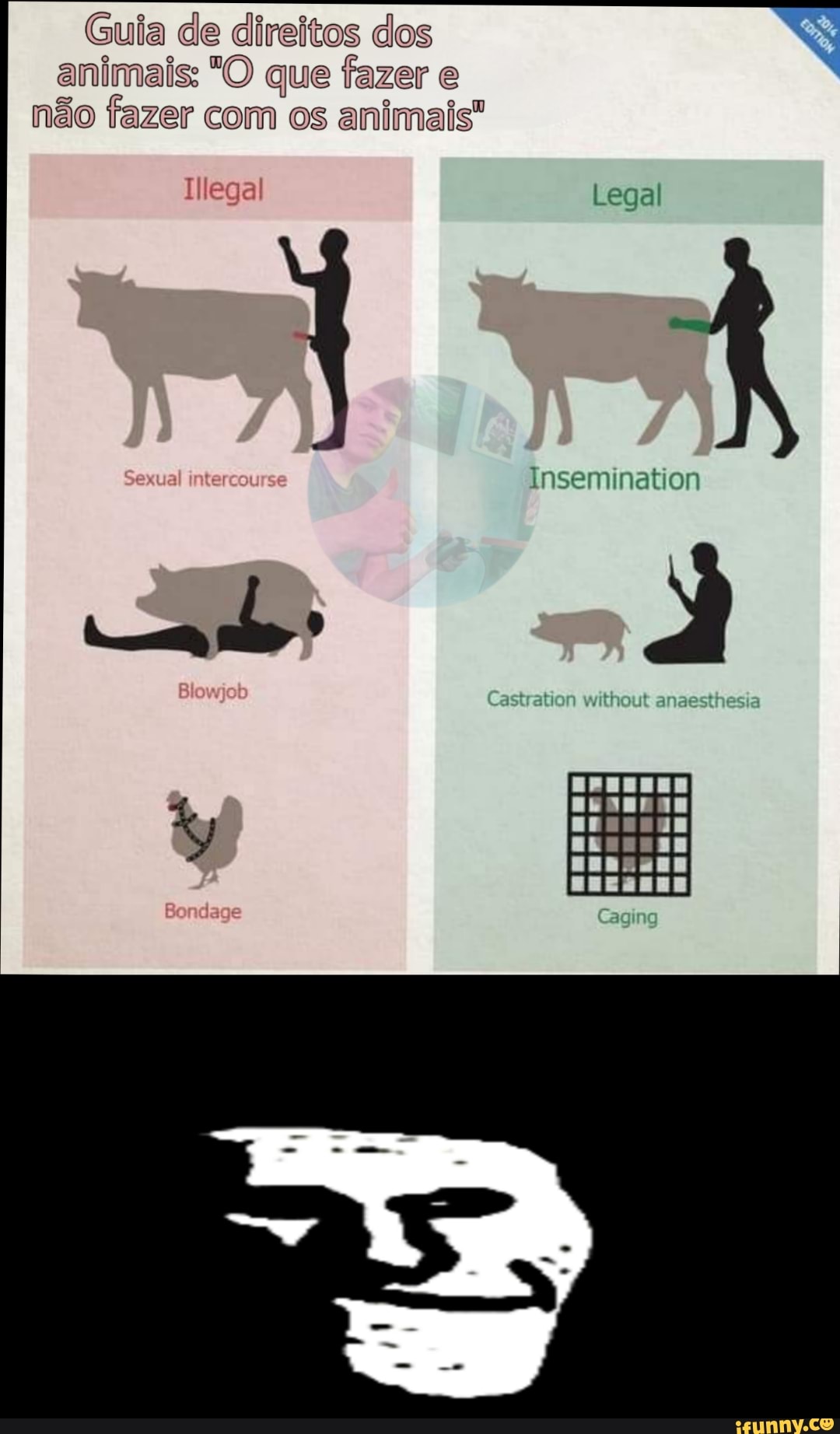 Guia de direitos dos animais: "O que fazer e não fazer com os animais"
Ilegal
Legal
Insemination