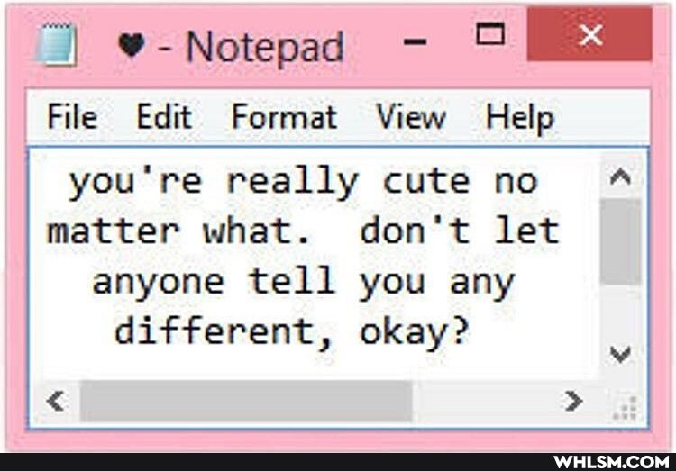 "I -Notepad
I File Edit Format View Help
you're really cute no
matter what. don't let anyone tell you any different, okay?
