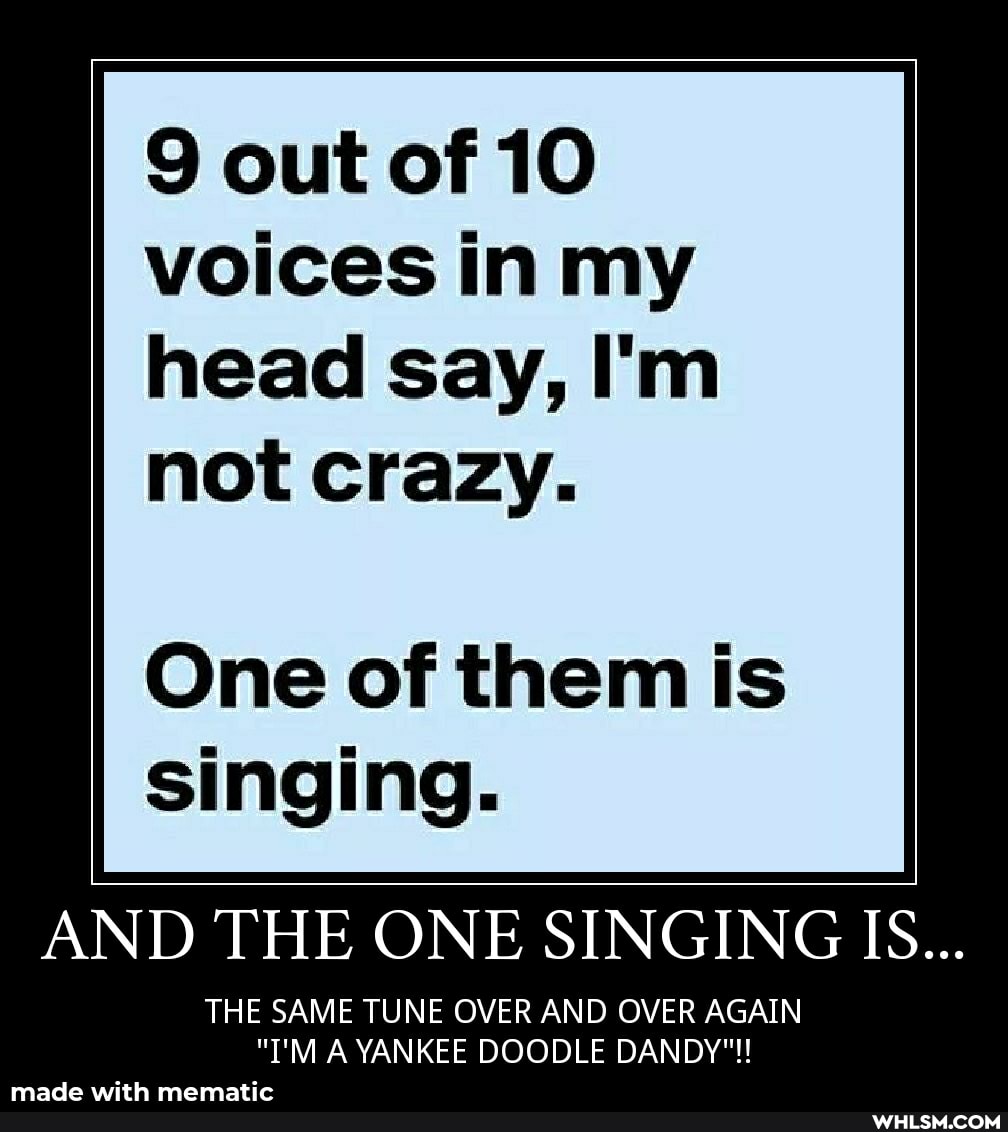 S) out of 10 voices in my head say, I'm not crazy.
One of them is singing.
AND THE ONE SINGING IS...
THE SAME TUNE OVER AND OVER AGAIN
"I'M A YANKEE DOODLE DANDY"!