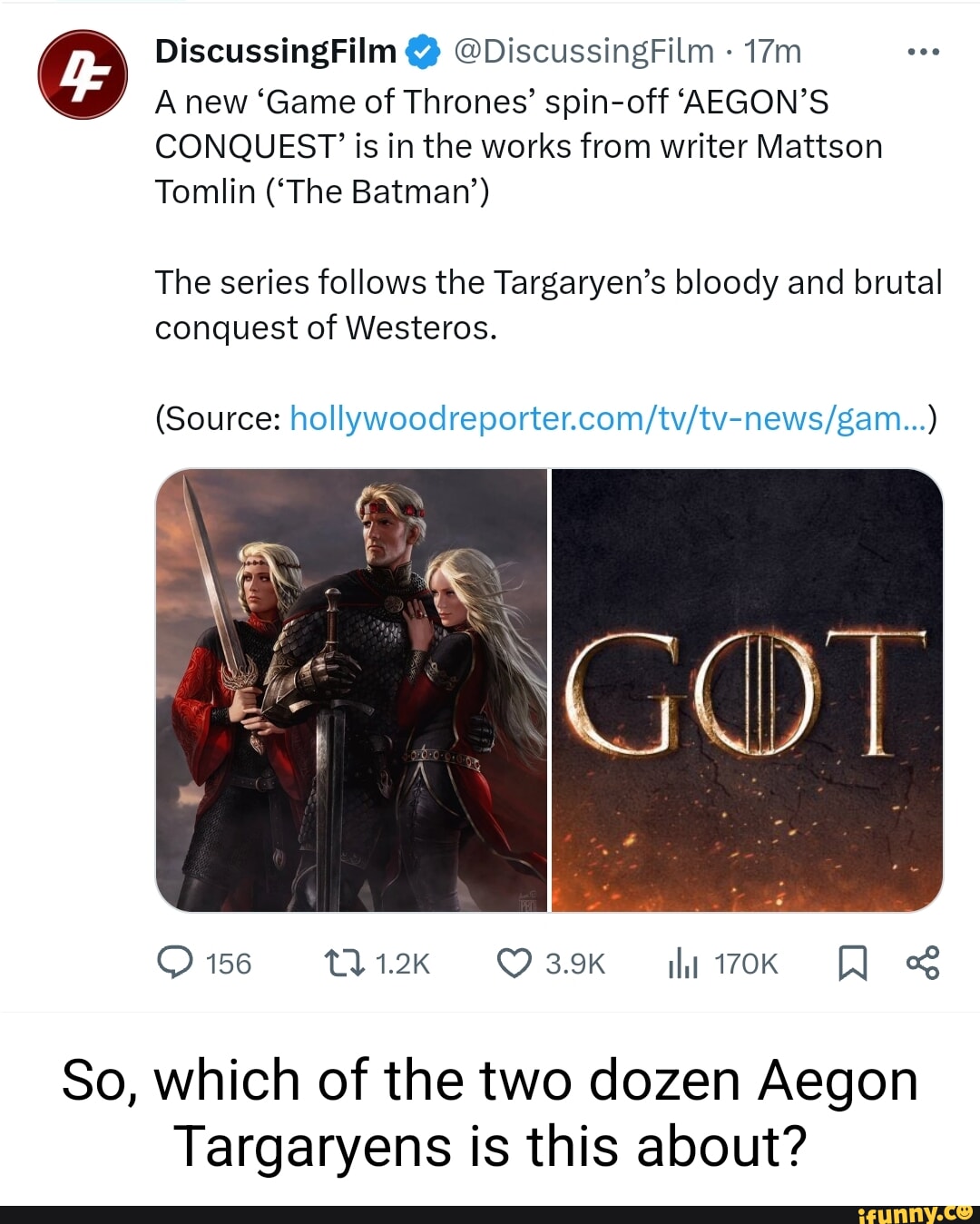 So, DiscussingFilm @ @DiscussingFilm A new 'Game of Thrones' spin-off  'AEGON'S CONQUEST' is in the works