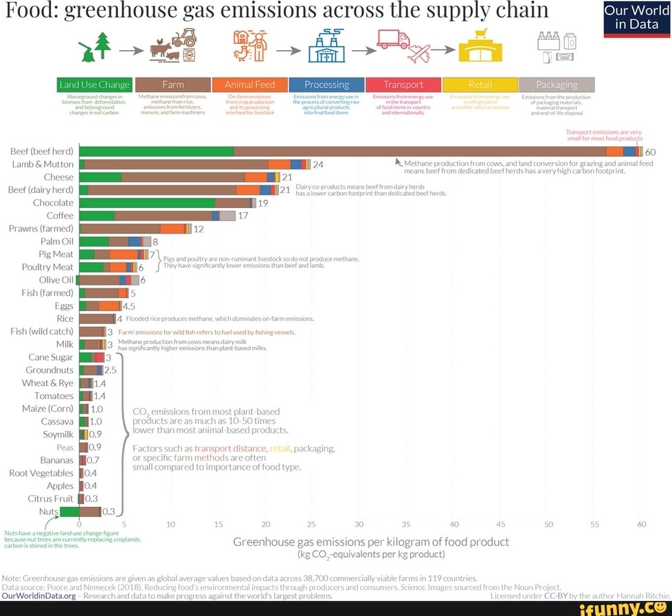 Beef (beef herd)
Lamb 8:Mutton
Cheese
Beef (dairy herd)
Chocolate
Coffee
Prawms (farmed)
Palm Oil
Pig Meat
Poultry Meat
Olive il
Fish farmed)
Eggs
Rice
Fish (wild catch)
Ms
Cane Sugar
AS
Wheat 8 Rye
Tomatoes [1.4
lee ne) products are as
much as
10-50 time
(vem ene ail cece ie tans
Soymilk
torss packaging, Peas
mae Sd small compared
to
importance
of food ty
Root Vegetables PO.4
Apples 0.4
Citrus Fruit M3
À
oats Crean teen ae ce sree Tae tad
(kg CO, equivalents per kg product)
farmsin 119 countries, A pop
archiand datate make pr qee ENT aa