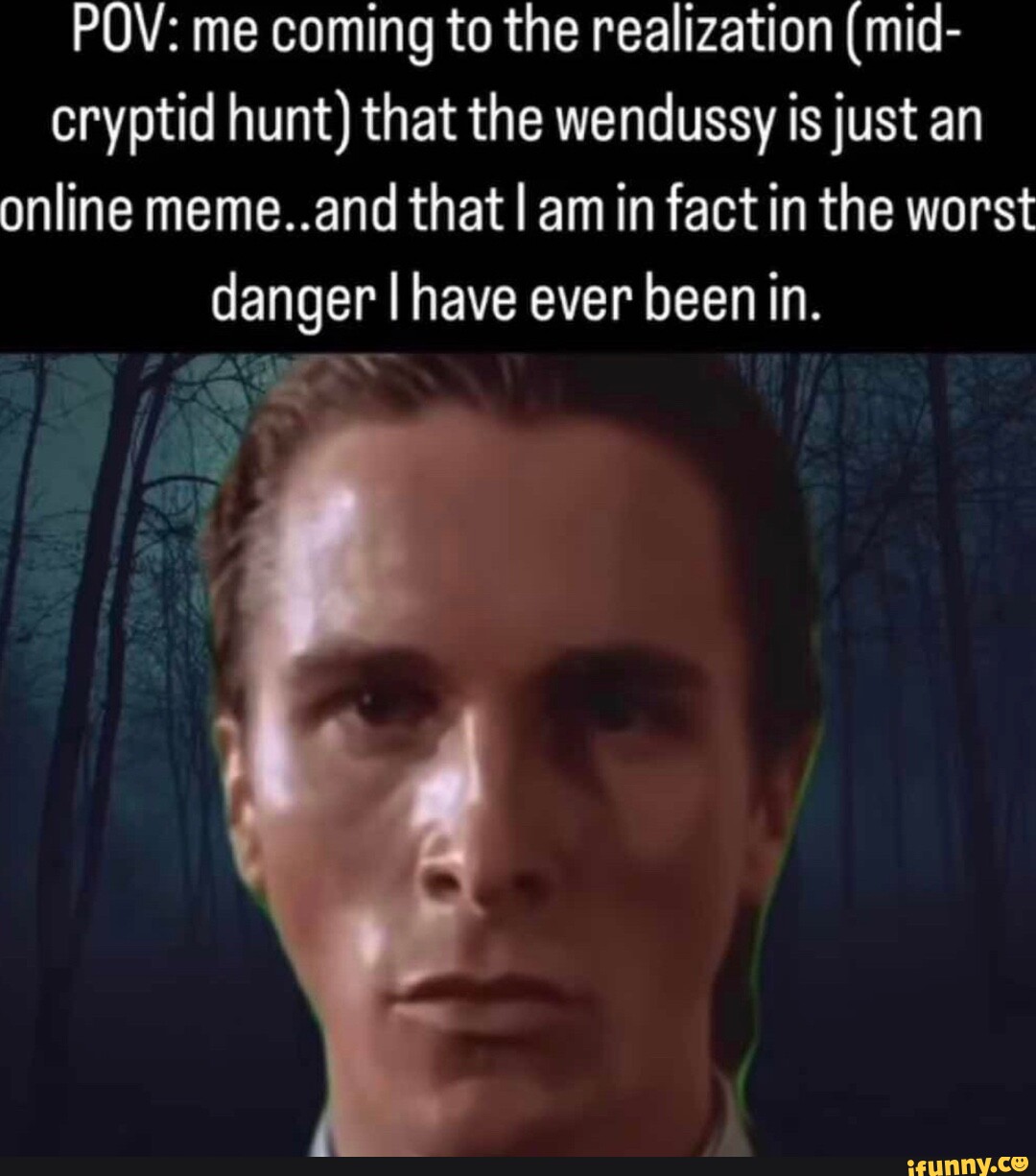 POV: me coming to the realization (mid- cryptid hunt) that the wendussy is  just an online meme..and that I am in fact in the worst danger I have ever  been in. -