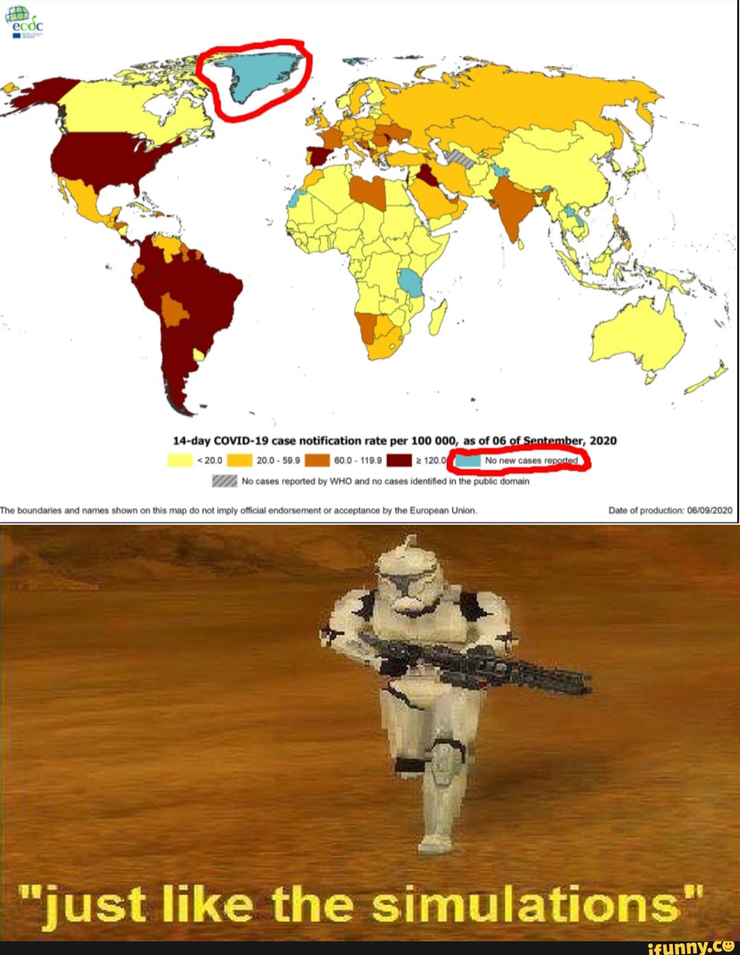 , 2020
20.0 - 50.9 60.0- 119.9 1200
ZZ No cases reported by WHO and no cases identified in the public domain
The boundaries and names shown on this map do not imply official endorsement or acceptance by the European Union, Date of production:
just like the simulations"
