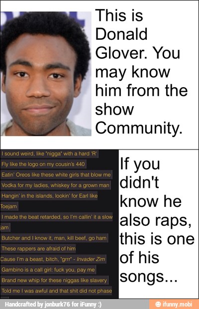 This is
Donald
Glover. You
may know
him from the
show
Community.
If you
know he
also raps,
