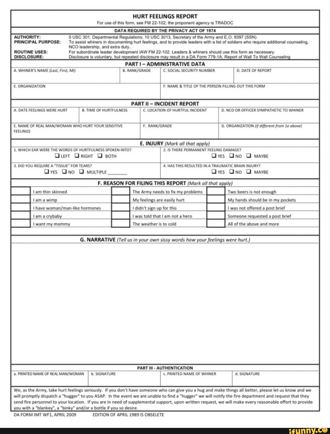 HURT FEELINGS REPORT For use of this form, see FM 22-102; the proponent ...