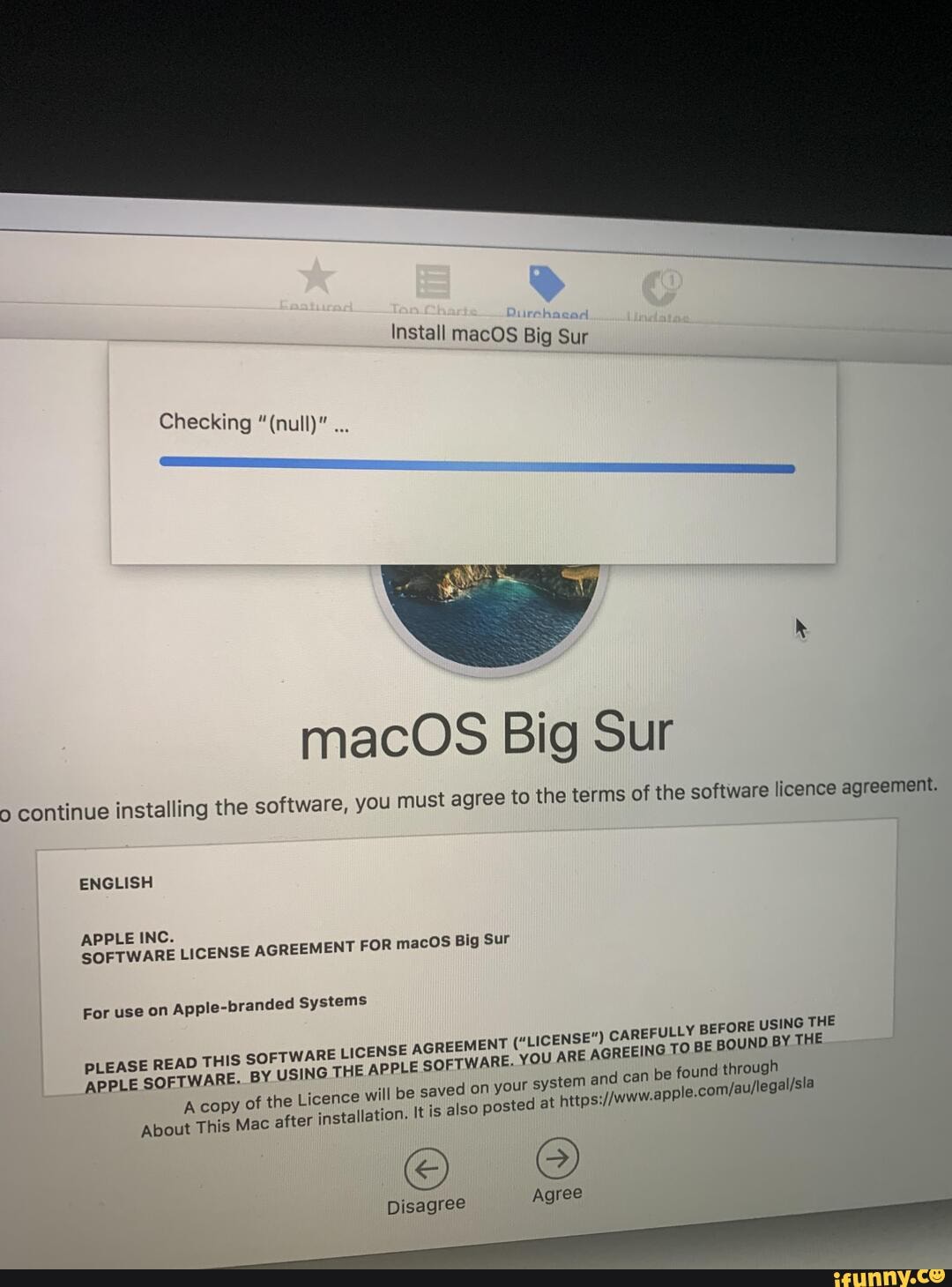 Install MacOS Big Sur Checking "(null)". MacOS Big Sur Continue I I ...