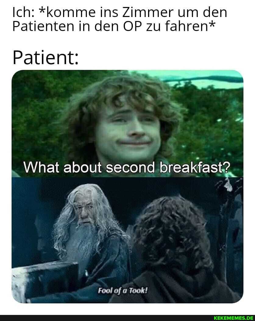 Ich: *komme ins Zimmer um den
Patienten in den OP zu fahren*
Patient:
What about second breakfast?
Fool of Took!