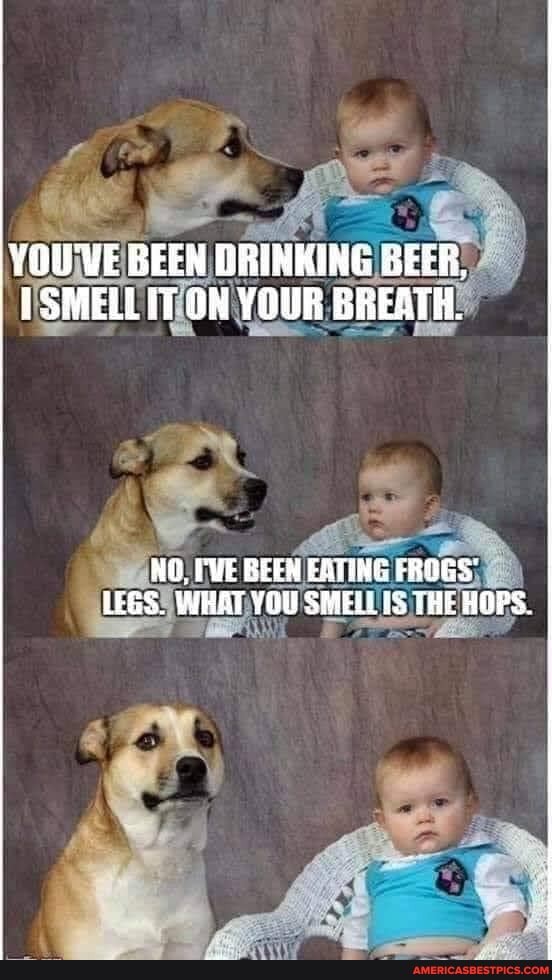 YOU'VE BEEN DRINKING GEER,
SMELL IT ON YOUR BREATH.
NO, VE BEEN EATING FROGS LEGS. WHAT YOU SMELLIS THE HOPS.