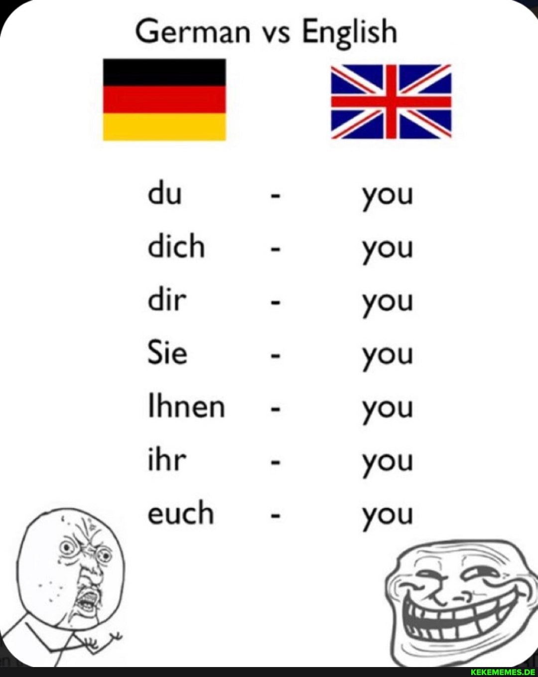 German vs English
INS
du you dich you dir - you
Sie you you
ihr you
you