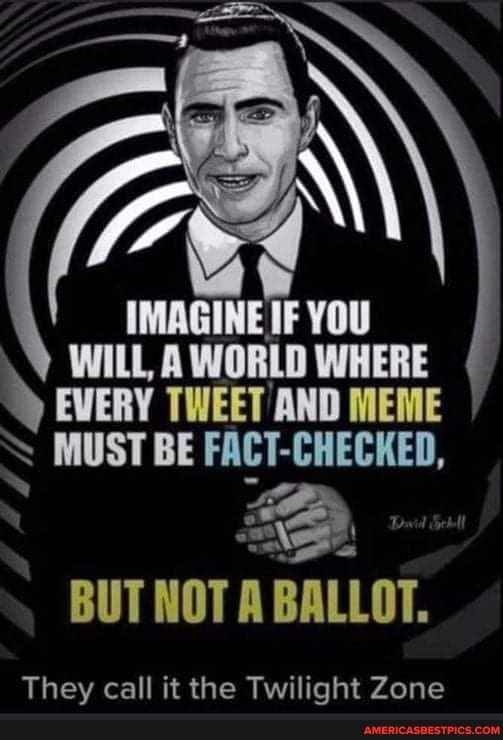 te
IMAGINE IF YOU WILL, WORLD WHERE EVERY TWEET AND MEME MUST BE FACT-CHECKED,
BUT NOT A BALLOT.
They call it the Twilight Zone