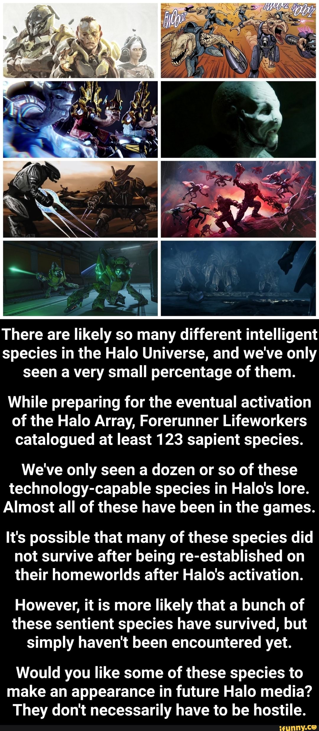 There are likely so many different intelligent
species in the Halo Universe, and we've only
seen a very small percentage of them.
While preparing for the eventual activation
of the Halo Array, Forerunner Lifeworkers
catalogued at least 123 sapient species.
We've only seen a dozen or so of these
technology-capable species in Halo's lore.
Almost all of these have been in the games.
It's possible that many of these species did
not survive after being re-established on
their homeworlds after Halo's activation.
However, it is more likely that a bunch of
these sentient species have survived, but
simply haven't been yet.