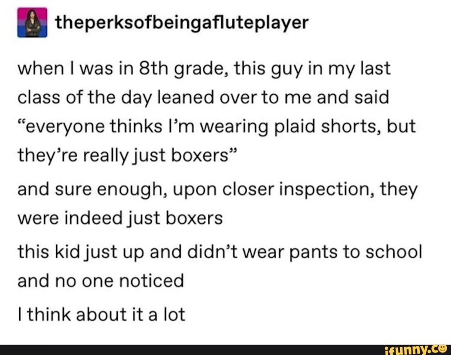 a theperksofbeingafluteplayer
when I was in 8th grade, this guy in my last
class of the day leaned over to me and said
“everyone thinks I’m wearing plaid shorts, but
they’re reallyjust boxers”
and sure enough, upon closer inspection, they
were indeed just boxers
this kidjust up and didn’t wear pants to school
and no one noticed