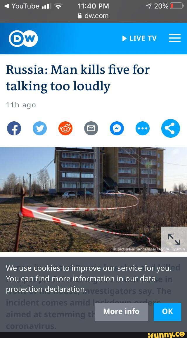 Ow) PLIVETV Russia: Man kills five for
talking too loudly
06000000
We use cookies to improve our service for you.
You can find more information in our data
protection declaration.
More info OK
