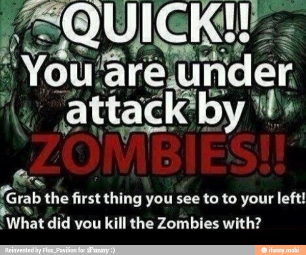 the Zombies with?
"Grab the first thing you see to to your left!
'What did vou kill