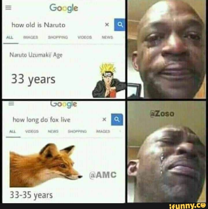 Google
II
how old is Naruto
Naruto Uzumaki Age
33 years
= Google
how long do fox live
33-35 years