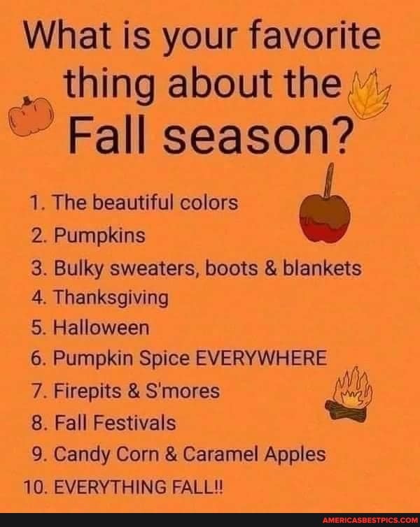 What is your favorite thing about the. season?
Fall season?
1. The beautiful colors
2. Pumpkins
3. Bulky sweaters, boots & blankets
4. Thanksgiving
5. Halloween
6. Pumpkin Spice EVERYWHERE
7. Firepits & S'mores
8. Fall Festivals
9. Candy Corn & Caramel Apples
10. EVERYTHING FALL!!