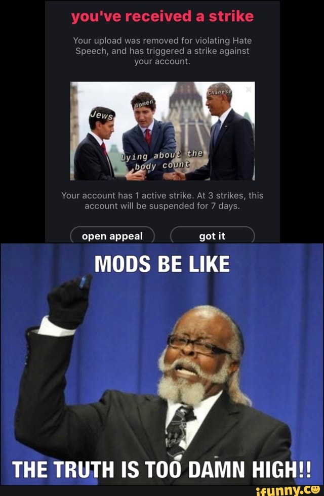 Your upload was removed for violating Hate
Speech, and has triggered a strike against
your account.
Your account has 1 active strike. At 3 strikes, this
account will be suspended for 7 days
"MODS BE LIKE
THE TRUTH IS
TOO DAMN HIGH!