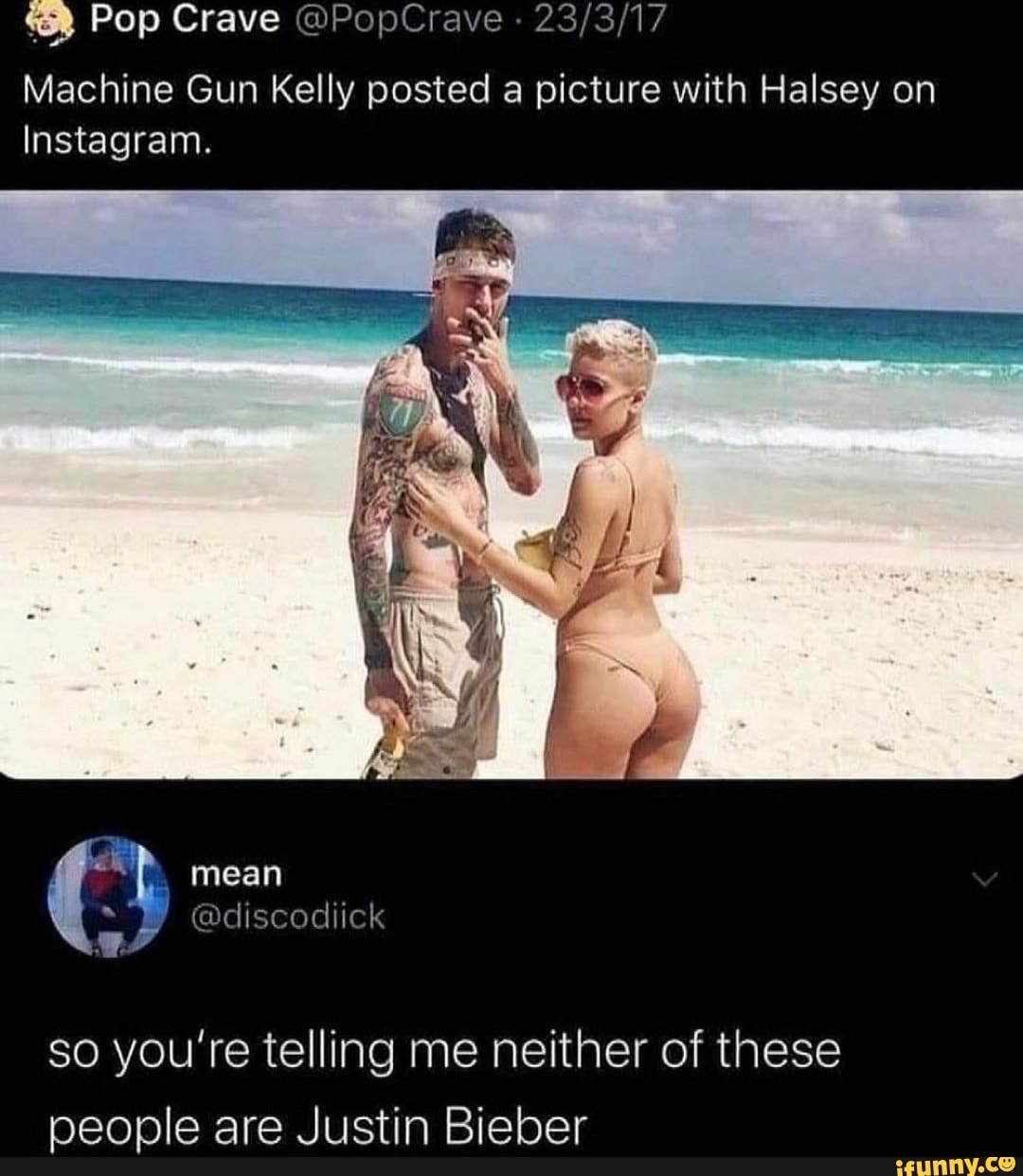 Pop Crave @PopCrave -
Machine Gun Kelly posted a picture with Halsey on
Instagram.
"LL. mean
@discodiick
so you're telling me neither of these people are Justin Bieber