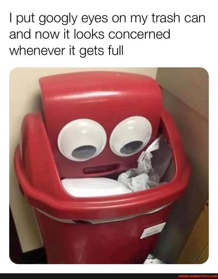 I put googly eyes on my trash can and now it looks concerned whenever it gets full