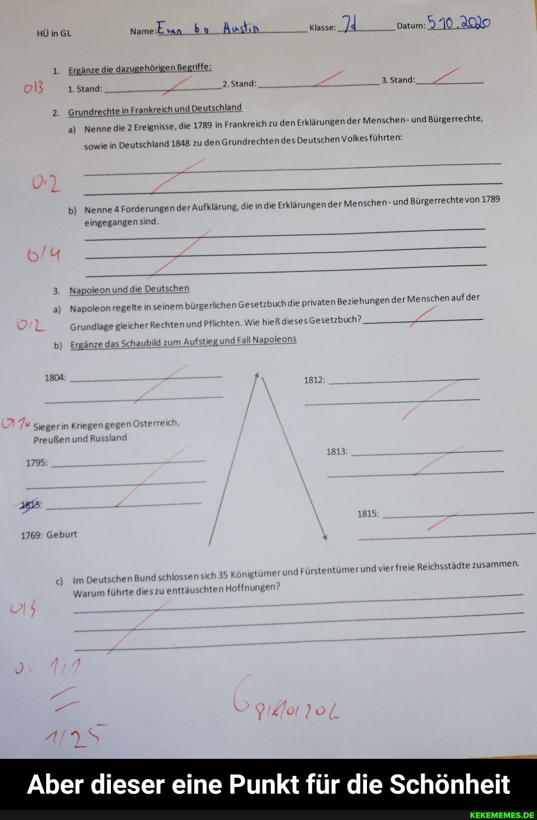 Eun bo Austin Klasse: Datum: 10
HÜ inGL
1. Ergänze die dazugehörigen Begriffe:
1.5tand:__ _2.Stand:___
2. Grundrechte in Frankreich und Deutschland
a) Nenne die 2 Ereignisse, die 1789 in Frankreich
u den Erklärungen der Menschen- und Bürgerrechte,
sowie in Deutschland 1848 zu den Grundrechten des Deutschen Volkes führten:
b) Nenne 4 Forderungen der Aufklärung, die in die Erklärungen der Menschen- und von 1789 eingegangen sind
3. Napoleon und die Deuf
2) Napoleon regelte in seinem bürgerlichen Gesetzbuch die privaten Beziehungen der Menschen aufder
Grundlage gleicher Rechten und Pflichten. Wie hieß dieses Gesetzbuch?
b) Ergänze das Schaubild zum Aufstieg und Fall Napoleons
1804
1812
Siegerin Kriegen gegen Osterreich
Preußen und Russland
1813;
1795
1815:
1769: Geburt
c) Im Deutschen Bund schlossen sich 35 Königtümer und Fürstentümer und vier freie Reichsstädte zusammen.
Warum führte dies zu enttäuschten Hoffnungen?
Aber dieser eine Punkt für die Schönheit - Aber dieser eine Punkt für die Schönheit