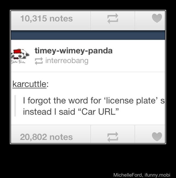 least timey-wimey-panda
I forgot the word for 'license plate' s
instead I said "Car URL"
