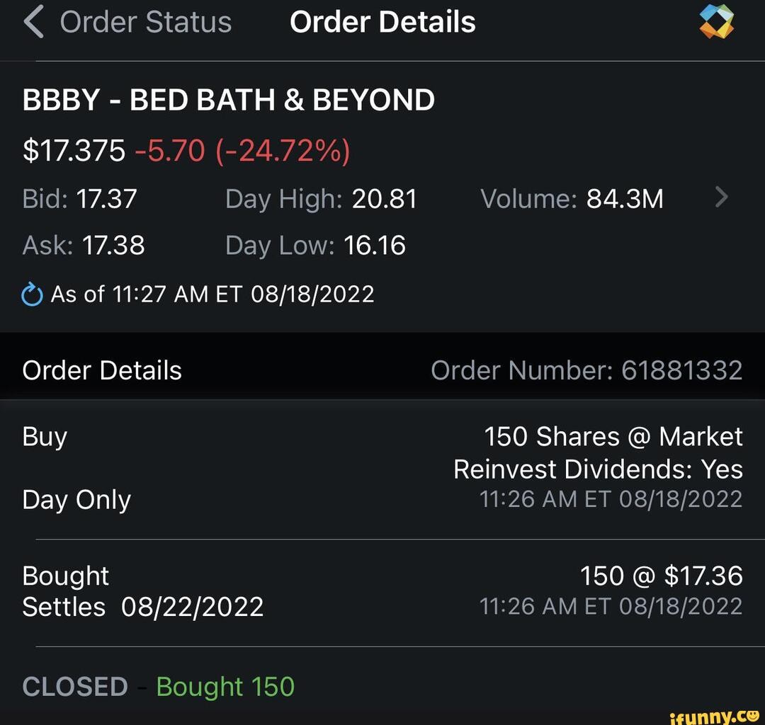 Order Status Order Details BBBY - BED BATH & BEYOND $17.375 -5.70 (-24. ...