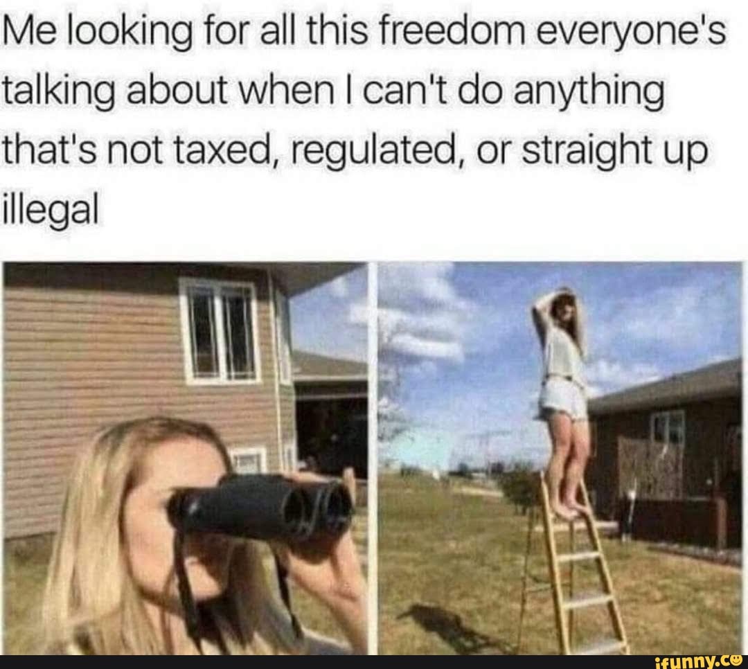Me looking for all this freedom everyone's talking about when I can't do anything that's not taxed, regulated, or straight up illegal