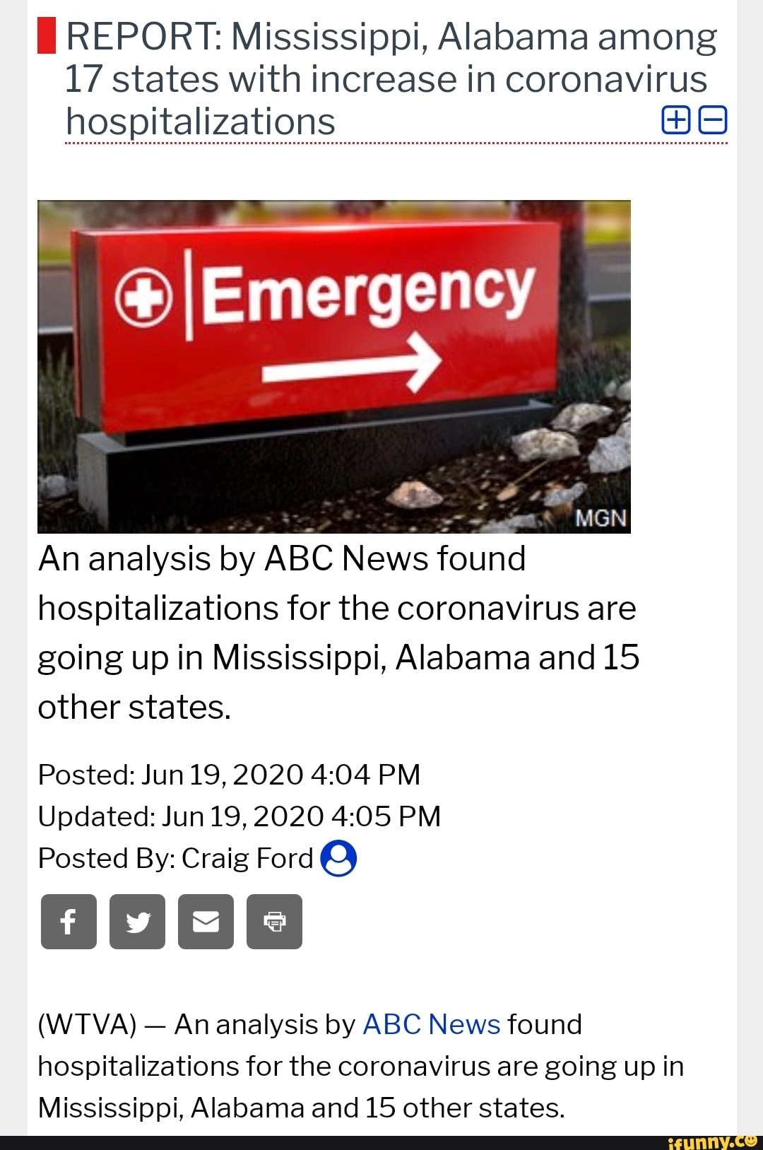 E REPORT: Mississippi, Alabama among
17 states with increase in coronavirus
I BO
An analysis by
ABC News found
hospitalizations for the coronavirus are
going up in Mississippi, Alabama and 15
other states.
Posted: Jun 19, 2020 4:04 PM
Updated: Jun 19, 2020 4:05 PM
Posted By: Craig Ford Q
An analysis by ABC News found
hospitalizations for the coronavirus are going up in
Mississippi, Alabama and 15 other states.