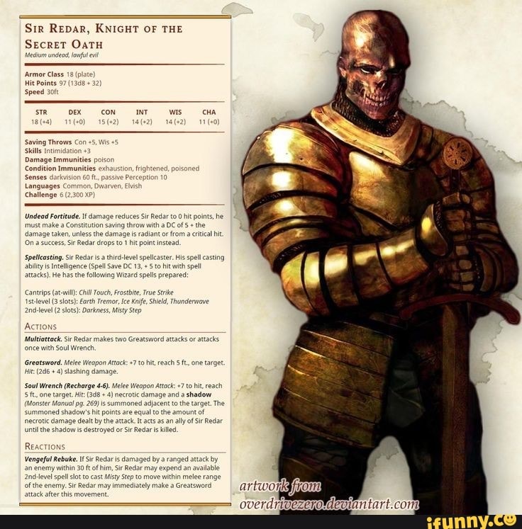 Sir Repar, KNIGHT OF THE Secret Oatu 'Armor Class 18 Hit Poines 97 (1348 32 Speed 30 sTR DEX CON