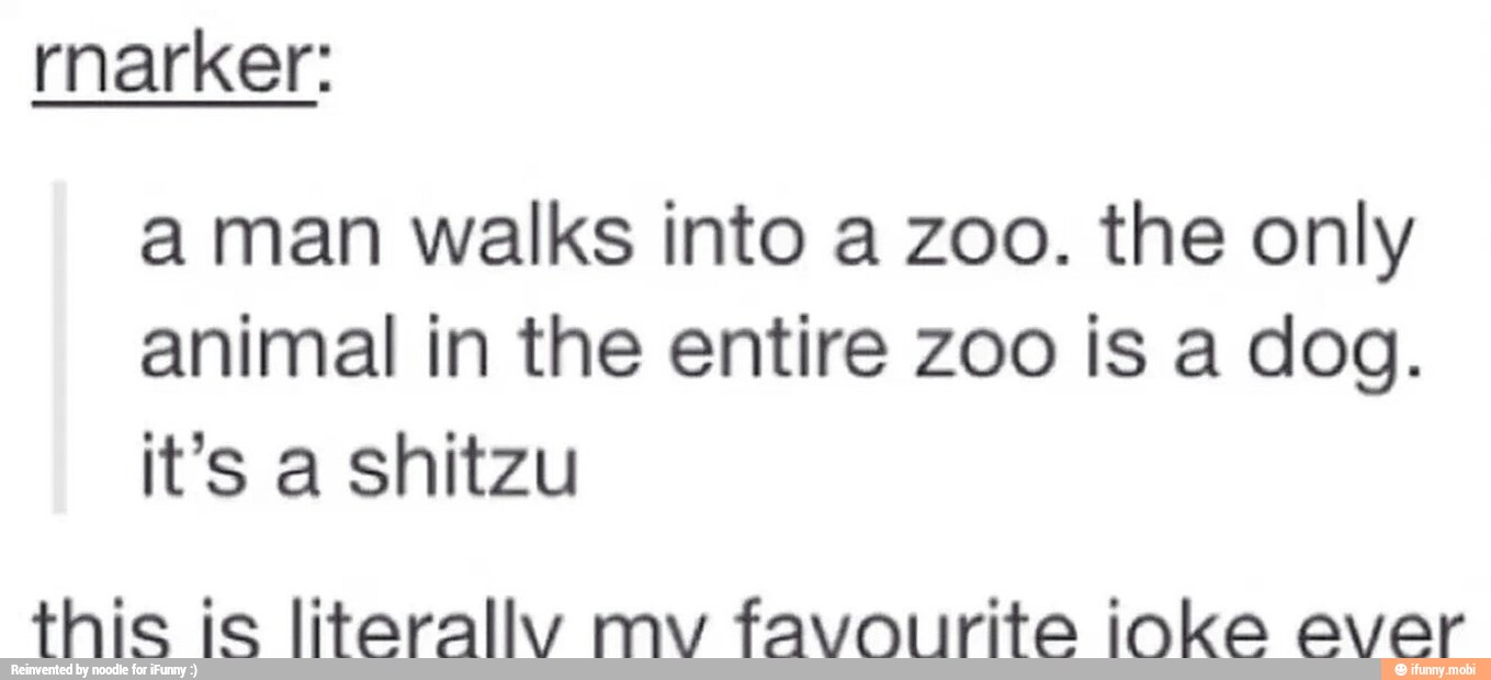 rnarker:
a man walks into a zoo. the only
animal in the entire zoo is a dog.
it's a shitzu
this is literally mv favourite inka aver