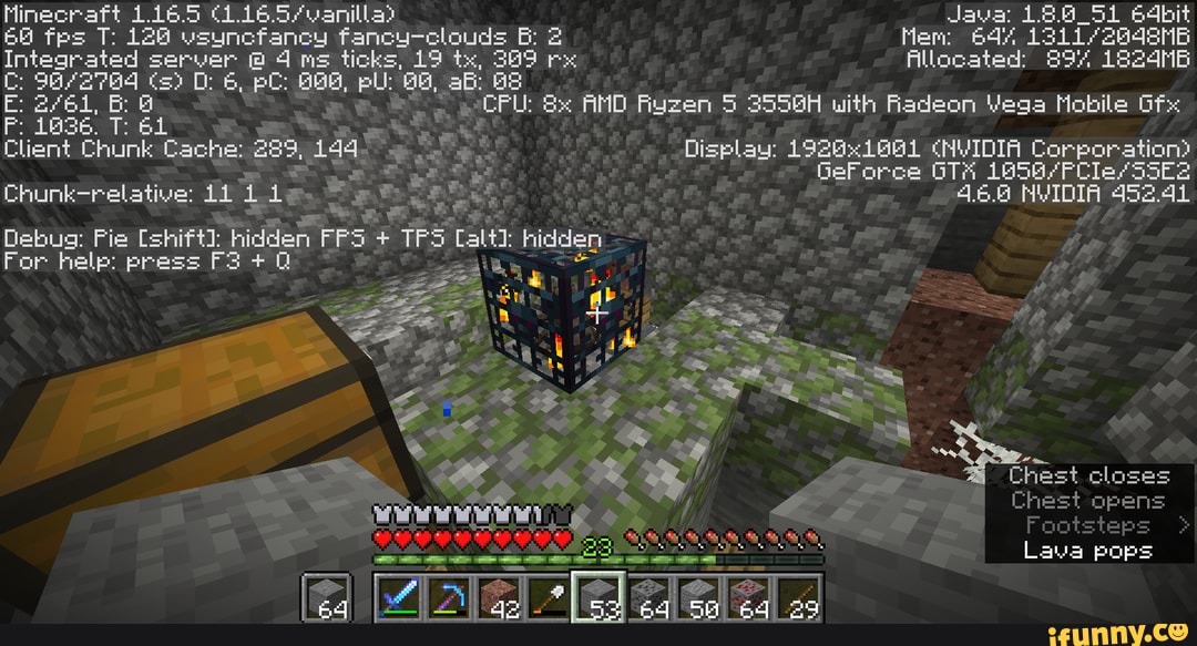 Minecraft 1 16 5 Java 1 8 6 51 64bit 69 Fes T 126 Fancy Clouds B 2 Integrated Server 4 Allocated 14mb E B 3556h With Fadeon Vega Mobile Ofx Pie Hidden Chest Closes Cheet Opens Lava Pops