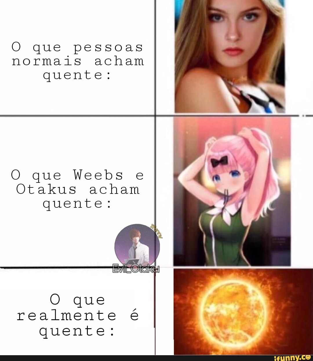 O que pessoas normais acham quente:
O que Weebs e
Otakus acham quente:
que realmente é quentes