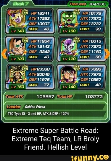 Total /ATK; 103657 He) 103772
Golden Frieza
TEA Type and HP, ATK & DEF +120%
Extreme Super Battle Road:
Extreme Teq Team, LR Broly
Friend. Hellish Level